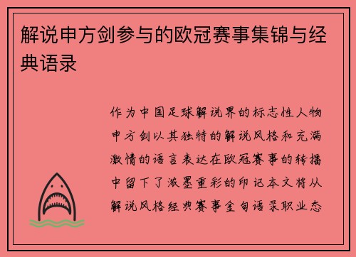 解说申方剑参与的欧冠赛事集锦与经典语录